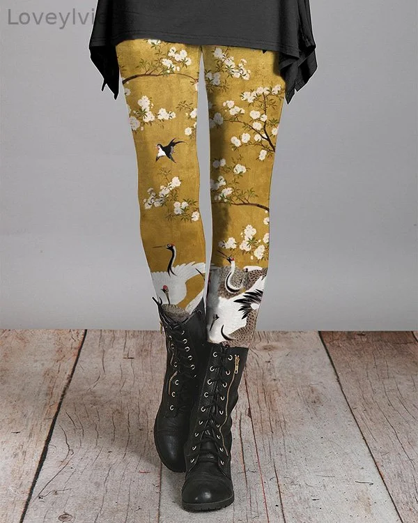 Japanese Floral Crane Print Casual Leggings