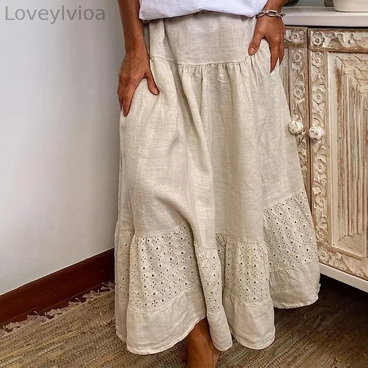 Vintage Solid Color Lace Linen Cotton Comfy Skirt