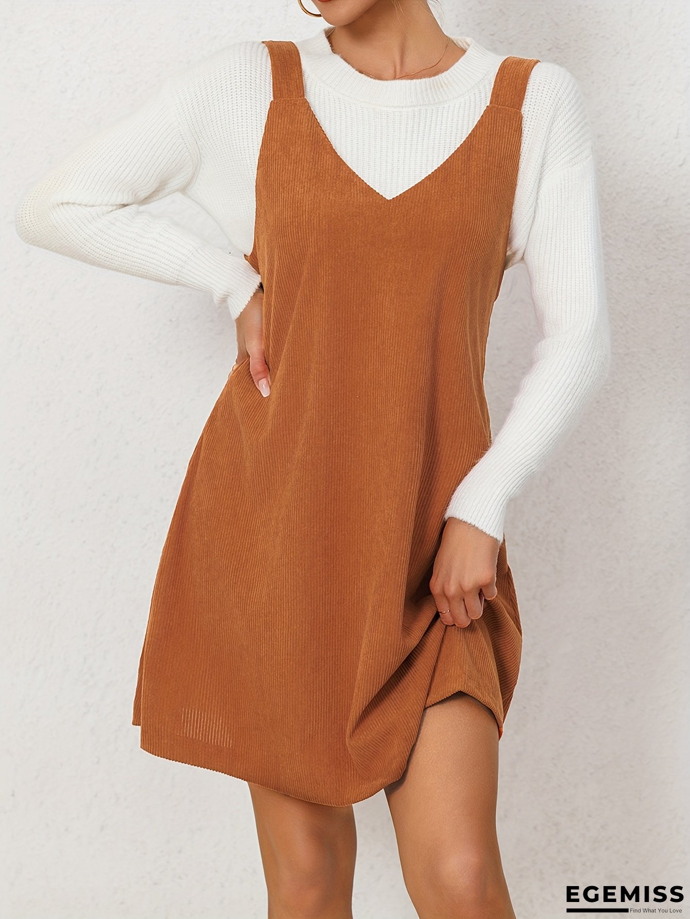 Women's Elegant Corduroy V-Neck Sleeveless Dress - Wide Strap Olive Green Solid Color A-Line Short Skirt, Machine Washable Spring & Fall Casual to Semi-Formal Outfits, Stylish Dresses for Women, Modest Outfits for Women, Nonstretch Fabric, Office Wear | EGEMISS