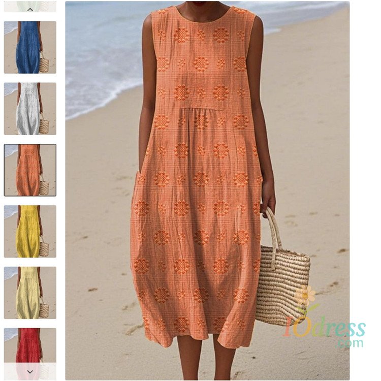 IO Dress Spring Summer Fashion New Sleeveless Print Loose Midi Dresses For Women Casual O-neck Pocket A-line Dress Ladies Beach Dress IO Dress