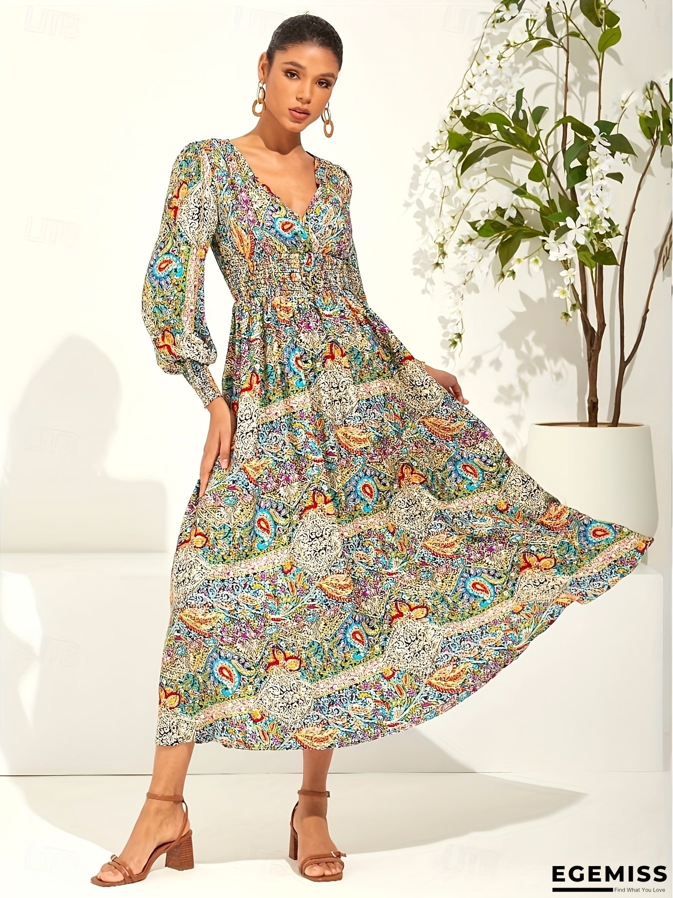 Women's Vibrant Paisley Print Maxi Dress - Elegant V-Neck, Long Sleeves, Flowing A-Line Skirt, Perfect For Spring/Summer/Fall, Casual To Formal Wear, Casual Summer Dress | Vibrant Paisley Pattern | Shirred Detailing, Cute Dresses | EGEMISS