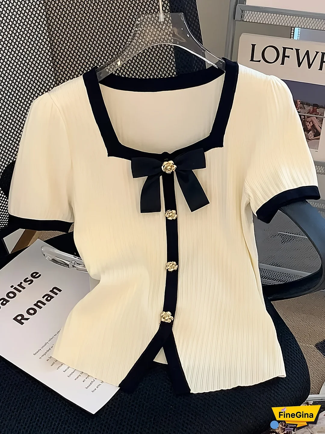 Elegant French-Inspired Top for Women - Chic Square Neck Short Sleeve with Bow Detail, Ribbed Texture, Black & White, Perfect for Summer Fashion, Summer Fashion Top|Chic French Style| Construction