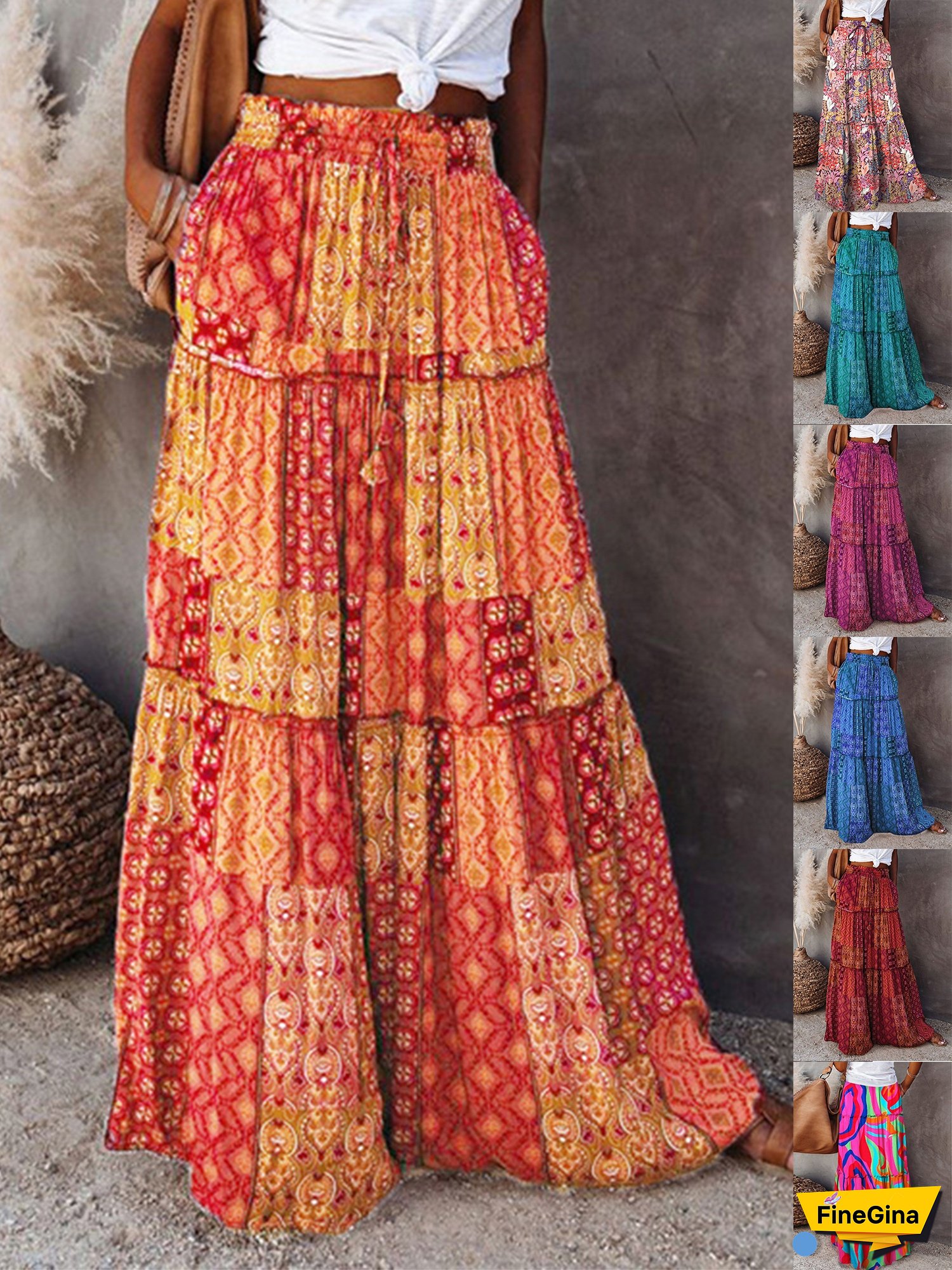 Women's Bohemian High Waist Tiered Maxi Skirt With Pockets - Vintage Style, Elastic Waistband, Red Floral & Geometric Pattern, Long Flowy Skirt For Spring/Summer