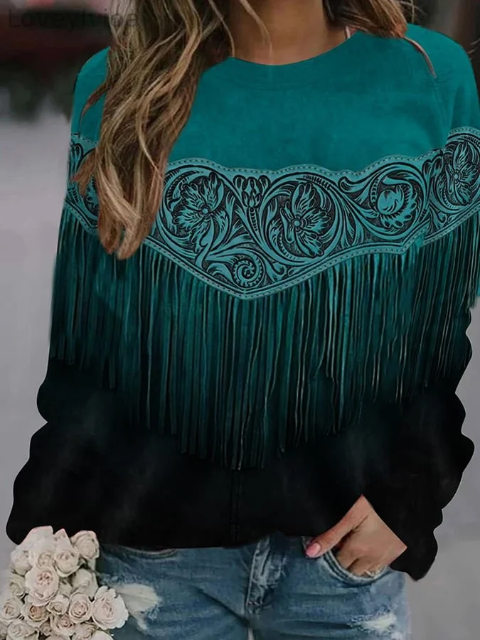 Western Vintage Turquoise Fringe Print Sweatshirt