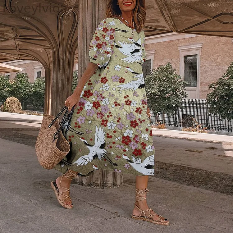 Retro Crane Japanese Art And Spring Midi Dress