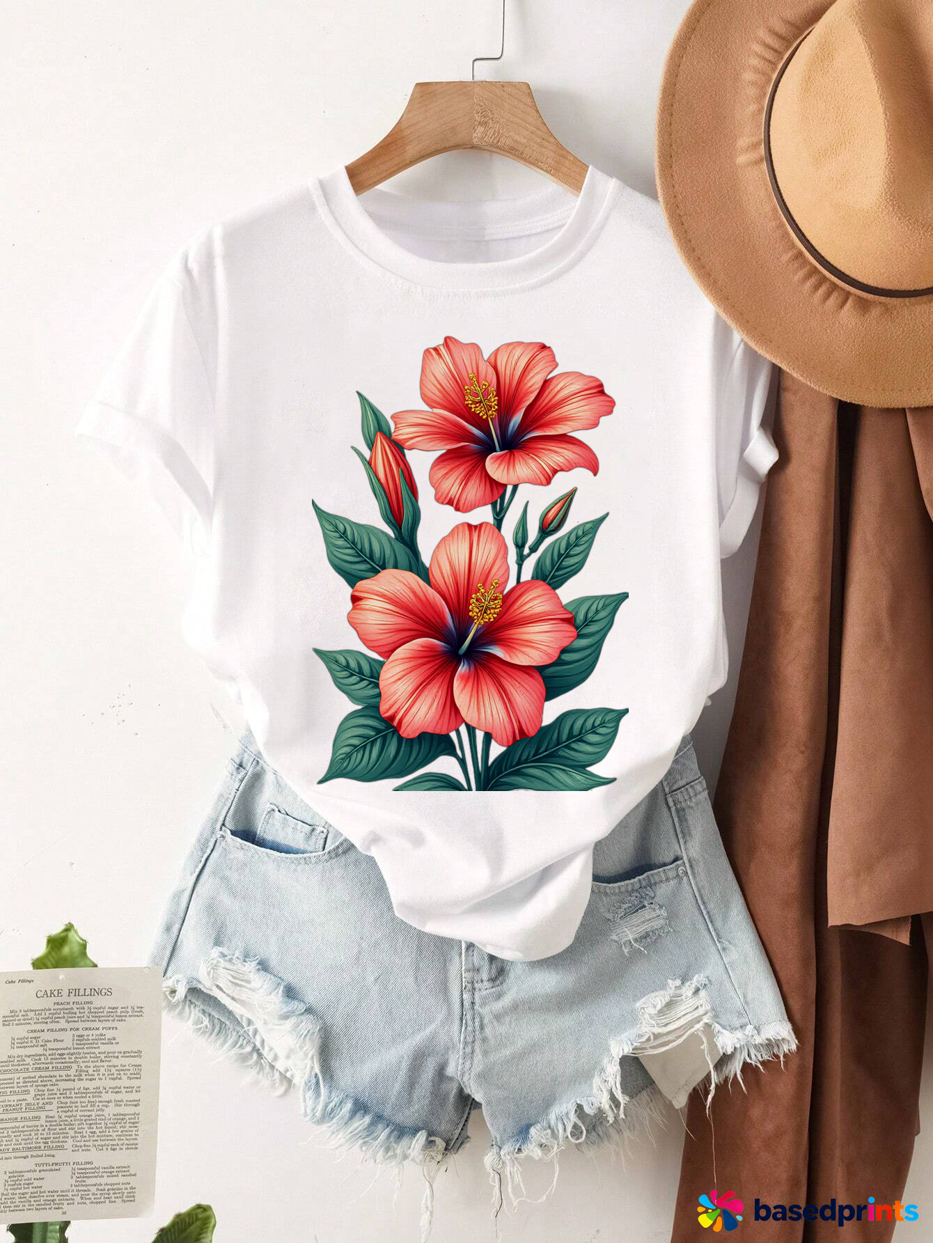 White Floral Graphic Tee Shirt Women Casual Short Sleeve T Shirt