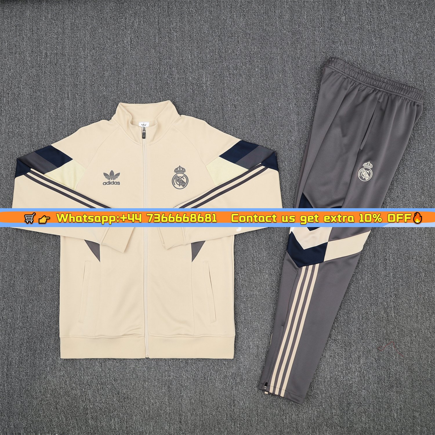 Real Madrid 25-26 Throwback Jacket Training Tracksuit - Off-white Jackets & Grey Pants