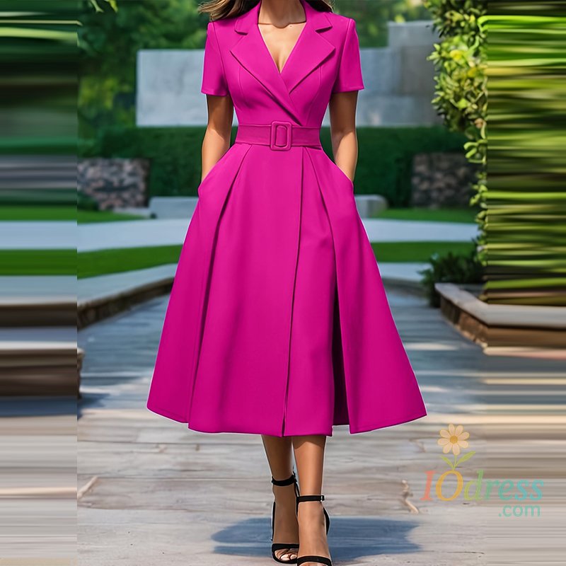 IO Dress Elegant Lapel Belt Lace-Up Slim Long Dress Women Casual Short Sleeve Solid Color Party Dress Commuter Fashion Pleat A-Line Dress IO Dress