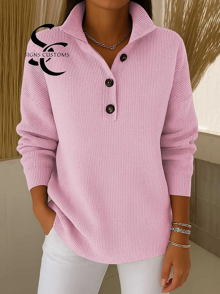 Women's Solid Color Stand Collar Long Sleeve Casual Loose Knit Pullover