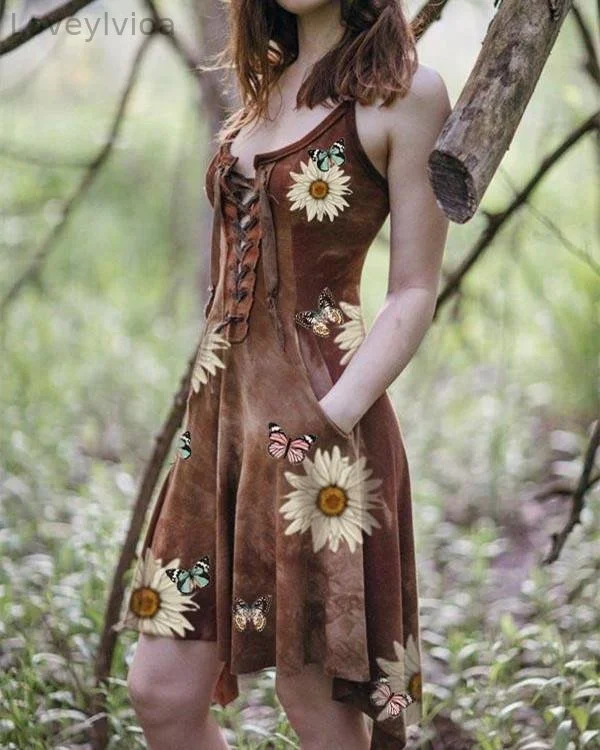 Women's Slim Irregular Hem Sunflower Butterfly Print Dress