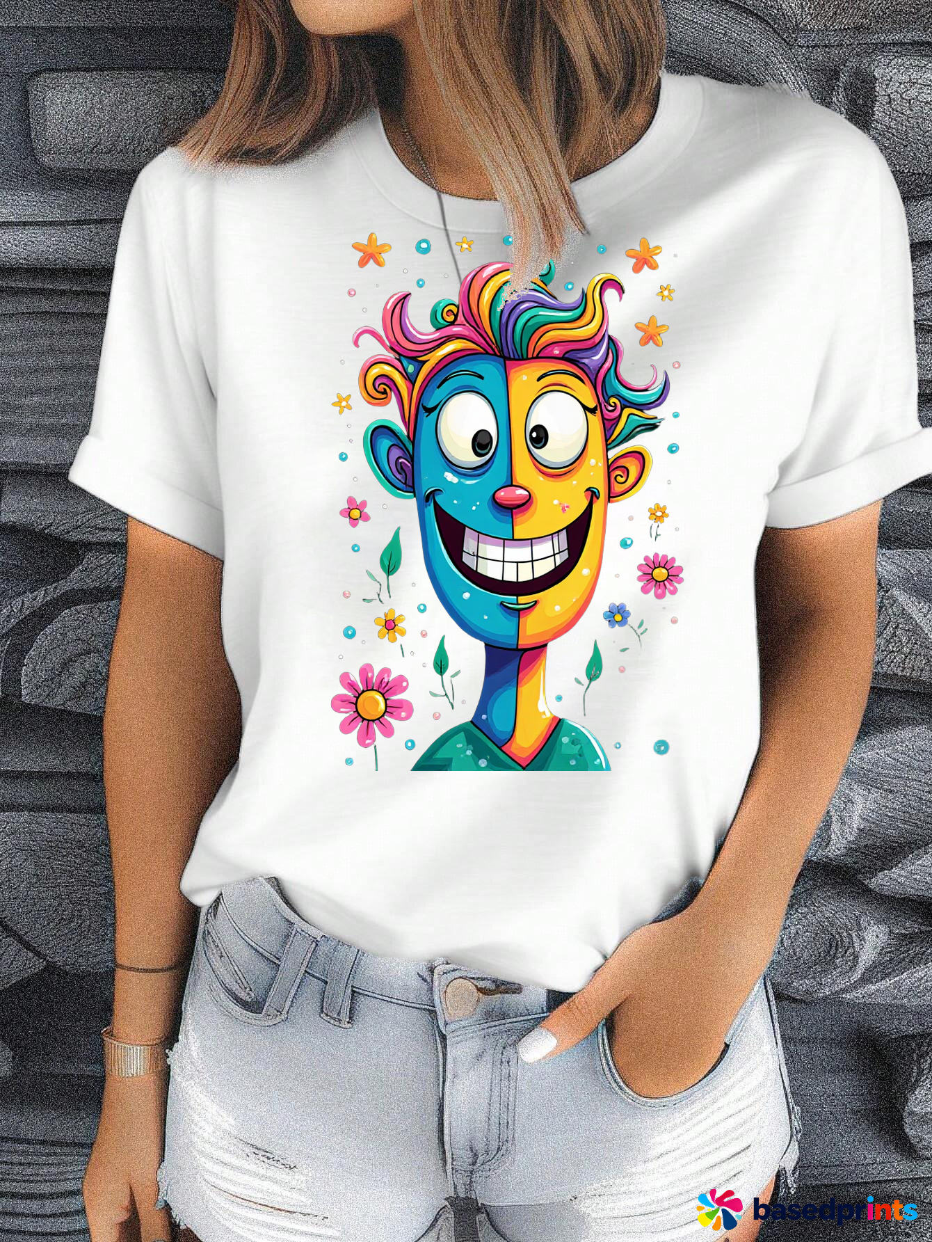 Colorful Cartoon Face T-Shirt Women's Casual Short Sleeve Tops