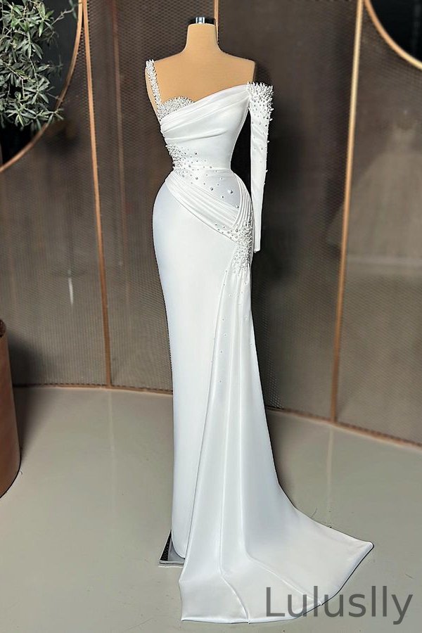 Luluslly One Shoulder Long Sleeve Prom Dress Mermaid With Pearls