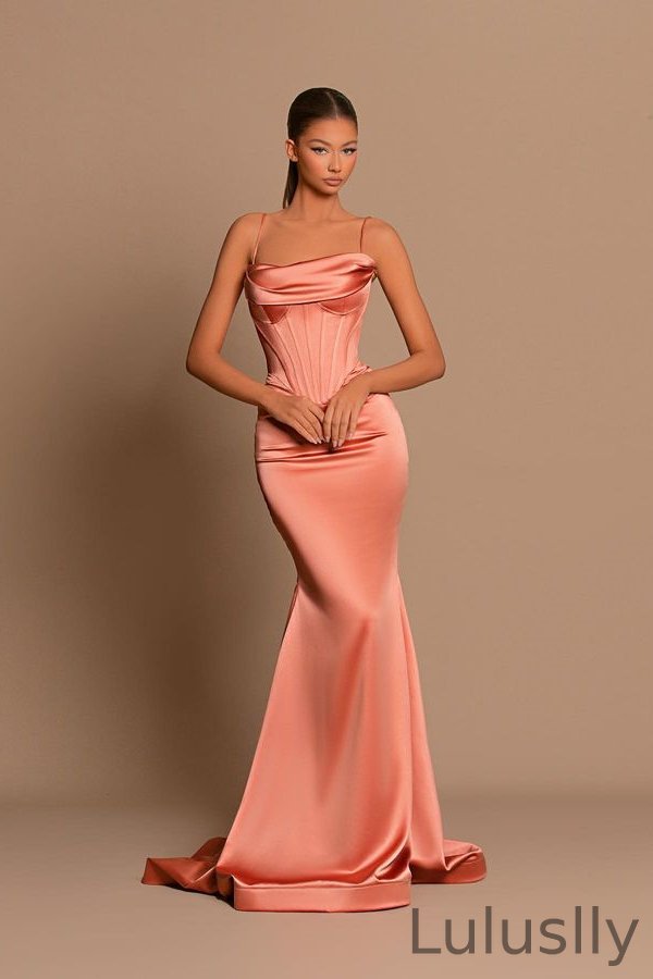 Luluslly Spaghetti-Straps Coral Prom Dress Mermaid Sleeveless Strapless