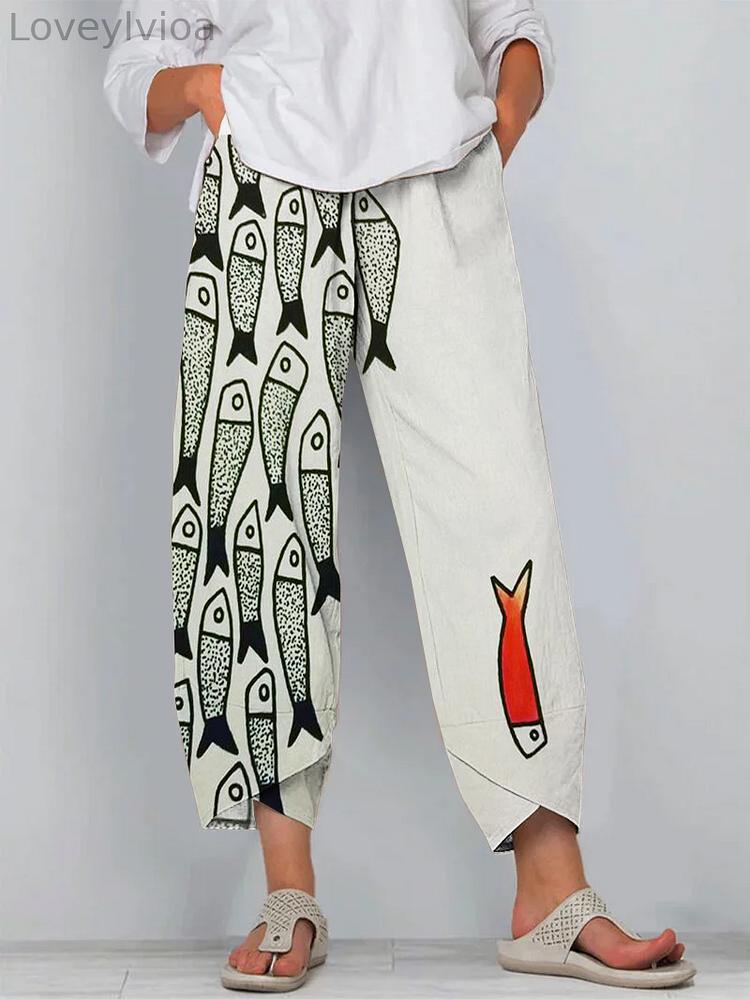 Fun Fish Art Cropped Casual Pants