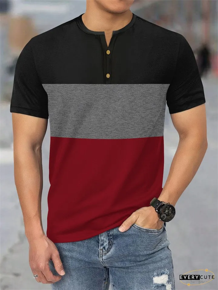 Summer New Large Size Mens Short-sleeved Casual Sports Three-color Splicing T-shirt Henley