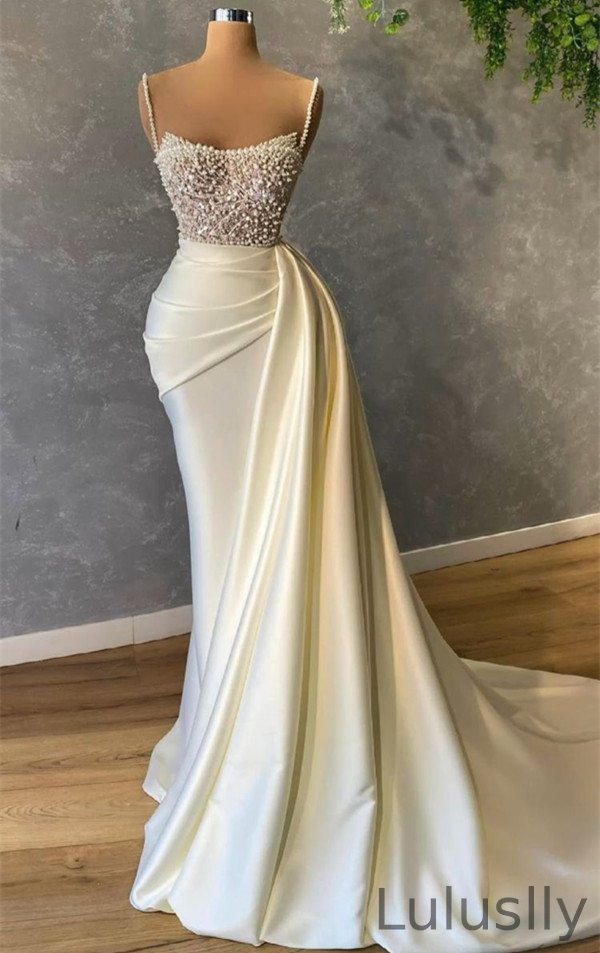 Luluslly Ivory Pearls Mermaid Wedding Dress Spaghetti-Straps