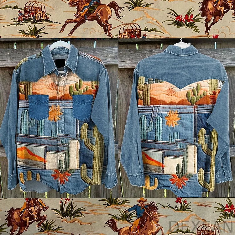 Vintage Western patchwork Seamless Pattern Print Casual Shirt
