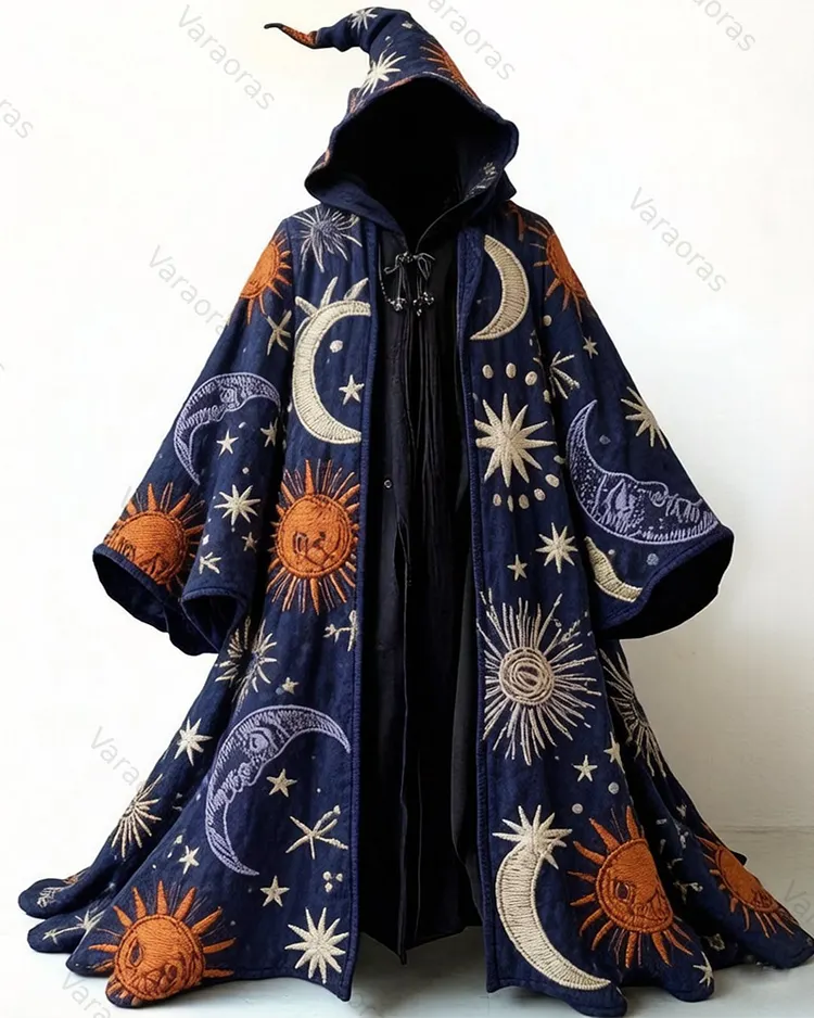 Men's fashionable hippie star and moon print cotton linen hooded cape  3471