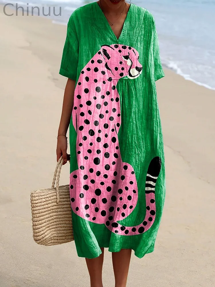 Women's Vintage Pink Cheetah Art Print Flowy Dress