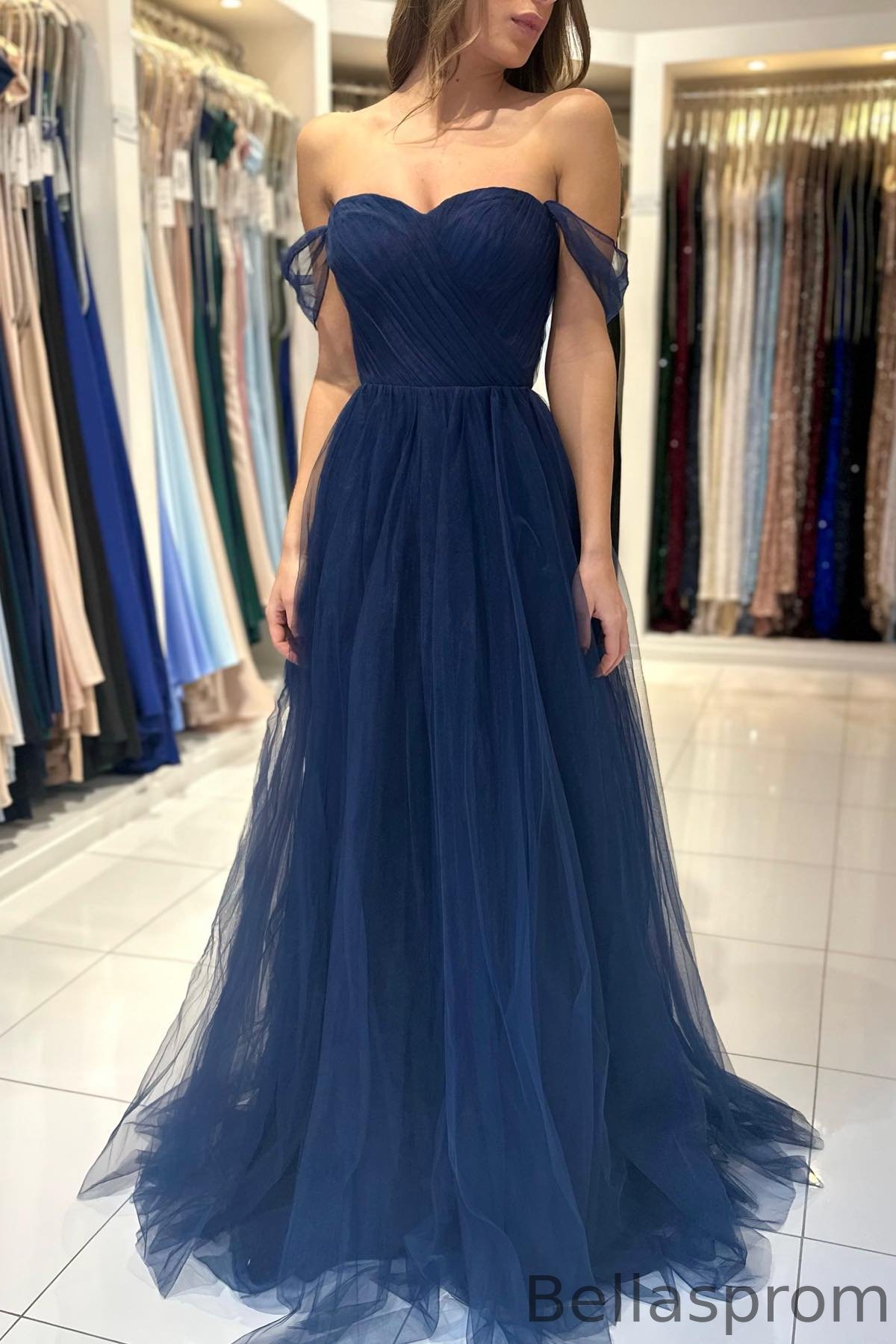 Bellasprom Dark Navy Off-The-Shoulder Sweetheart A-Line Prom Dress Tulle Bellasprom