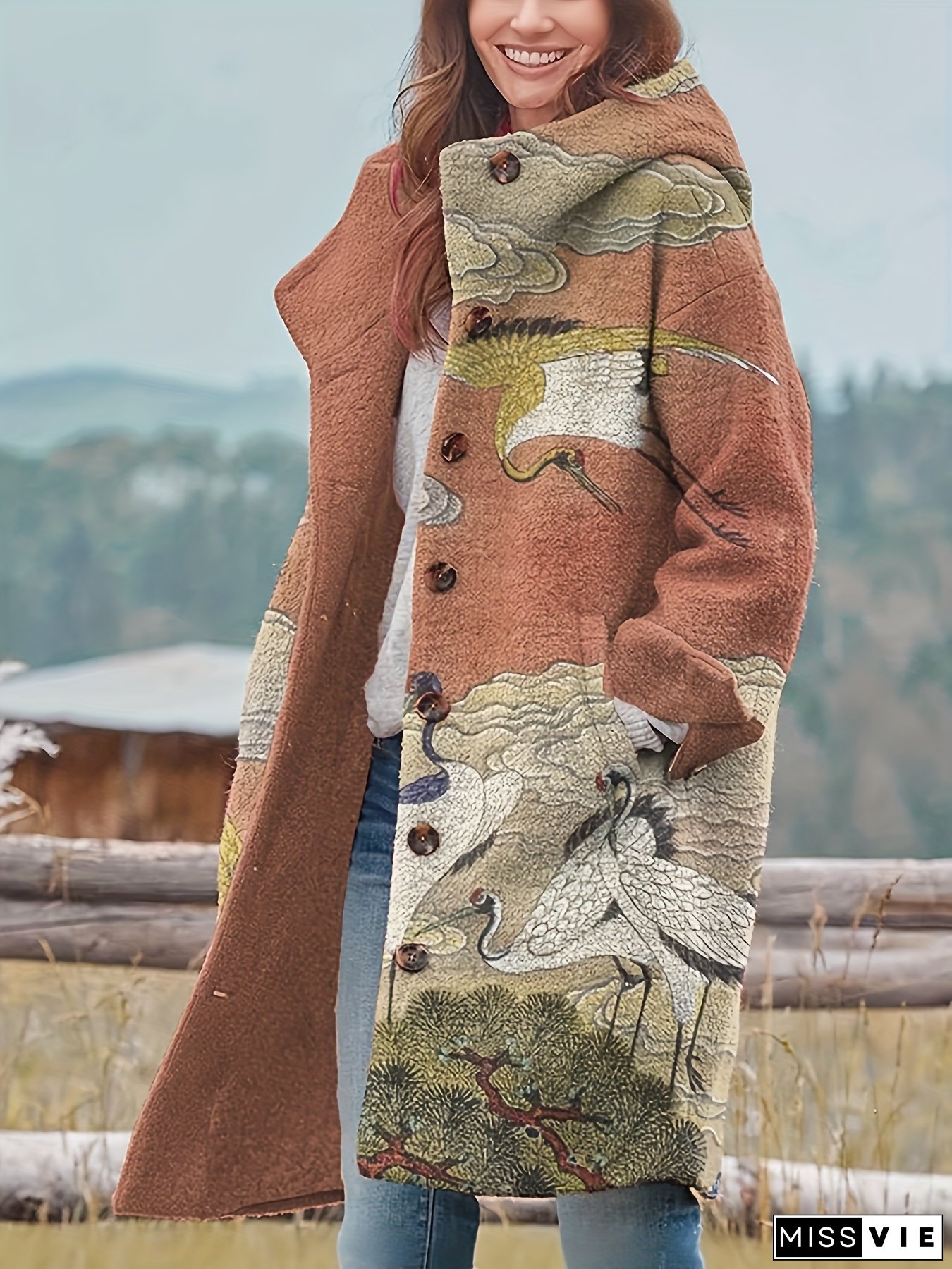 Plus Size Womens Oversized Hooded Alpaca Coat Winter Warmth Long Jacket with Crane Cloud