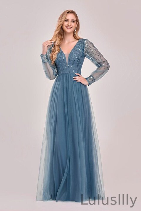 Dusty Blue Long Sleeve V-Neck Sequins Evening Prom Gowns - lulusllly
