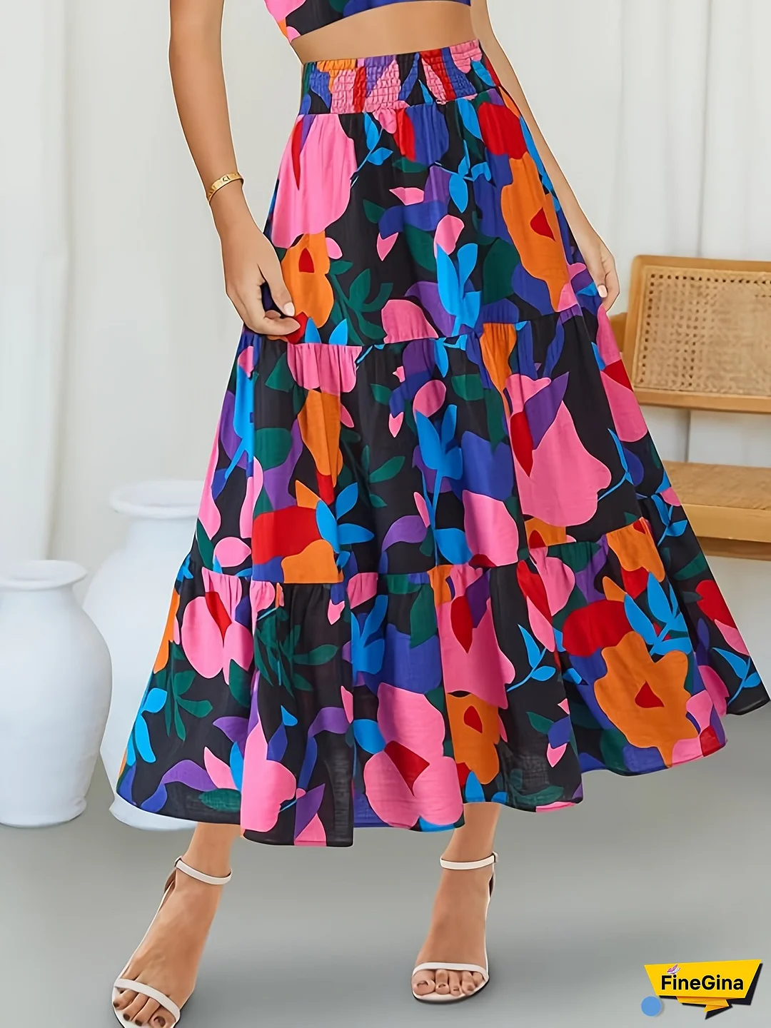 Women's Floral Print Midi Maxi Skirt - Elastic High Waist Pleated A-Line Summer Skirt With Pockets, Lightweight Flowy Machine-Washable Casual To Dressy Outfits, Summer Casual Wear | Vibrant Fashion | Colorful Design