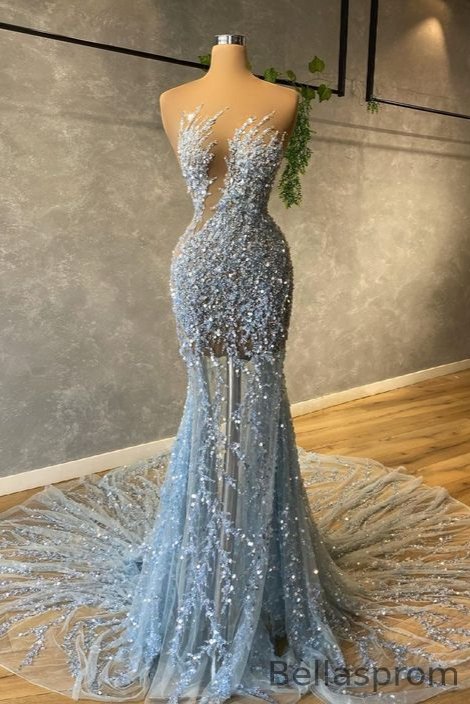 Bellasprom Sky Blue Mermaid Prom Dresses Long With Sequins Tulle Online Bellasprom