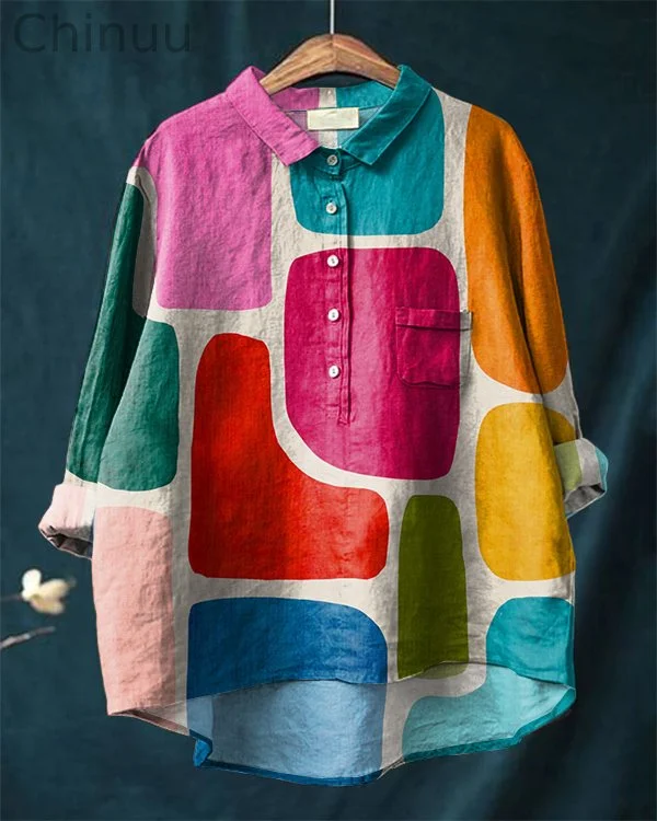 Vintage Colorful Abstract Art Print Cotton and Linen Shirt