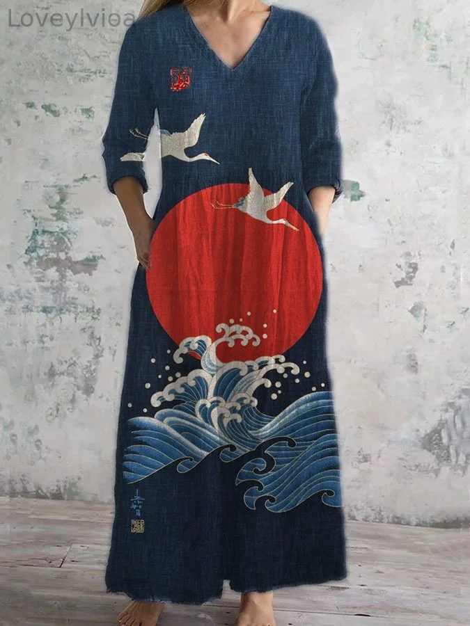 Women's Elegant Sleeve and Geo Print V-Neck Dress