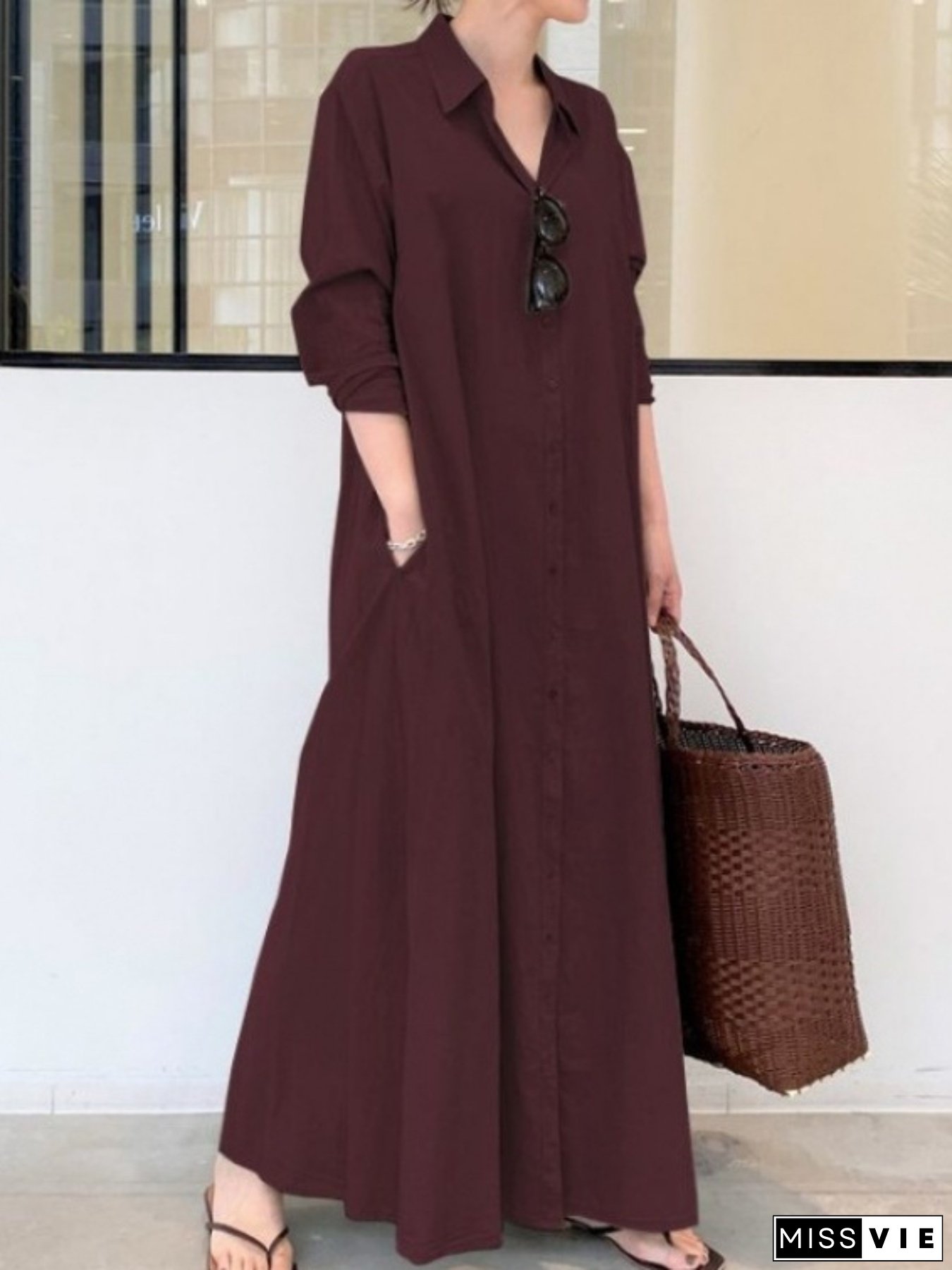 [Everyday Comfort] Women's Bohemian Midi Shirt Dress - Long Sleeve V-Neck Button A-Line Flowy Dress In Solid Green, Lightweight Polyester, Perfect For Spring & Fall, Autumn Fashion | Button Dress | Lightweight Dress, Cute Dress