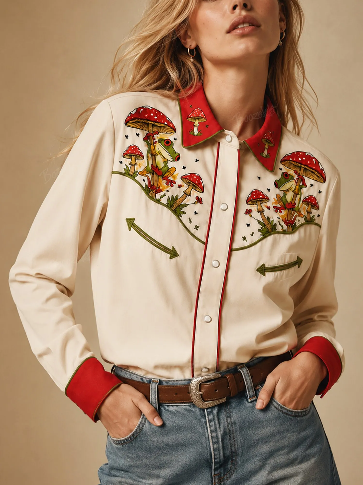 Top Pick For Bluegrass Festivals: Off-White & Red Shirt Featuring Playful Frog And Fly Agaric Mushroom Prints