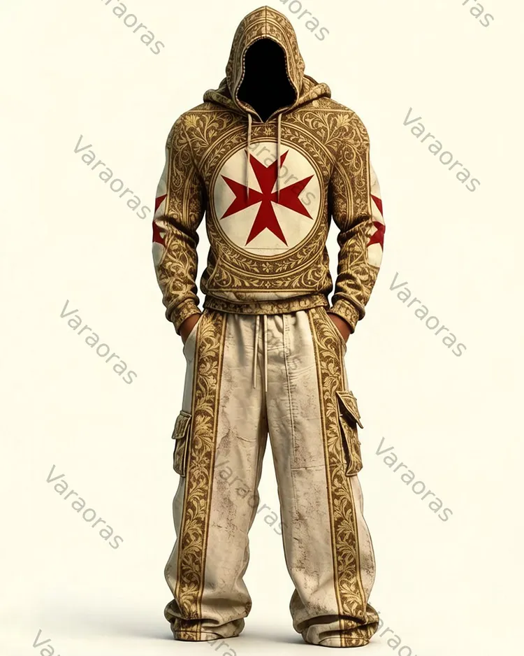 Men's Color-Blocked Cultural Cross Embroidered Distressed Hoodie and Pants Two-Piece Set 5694