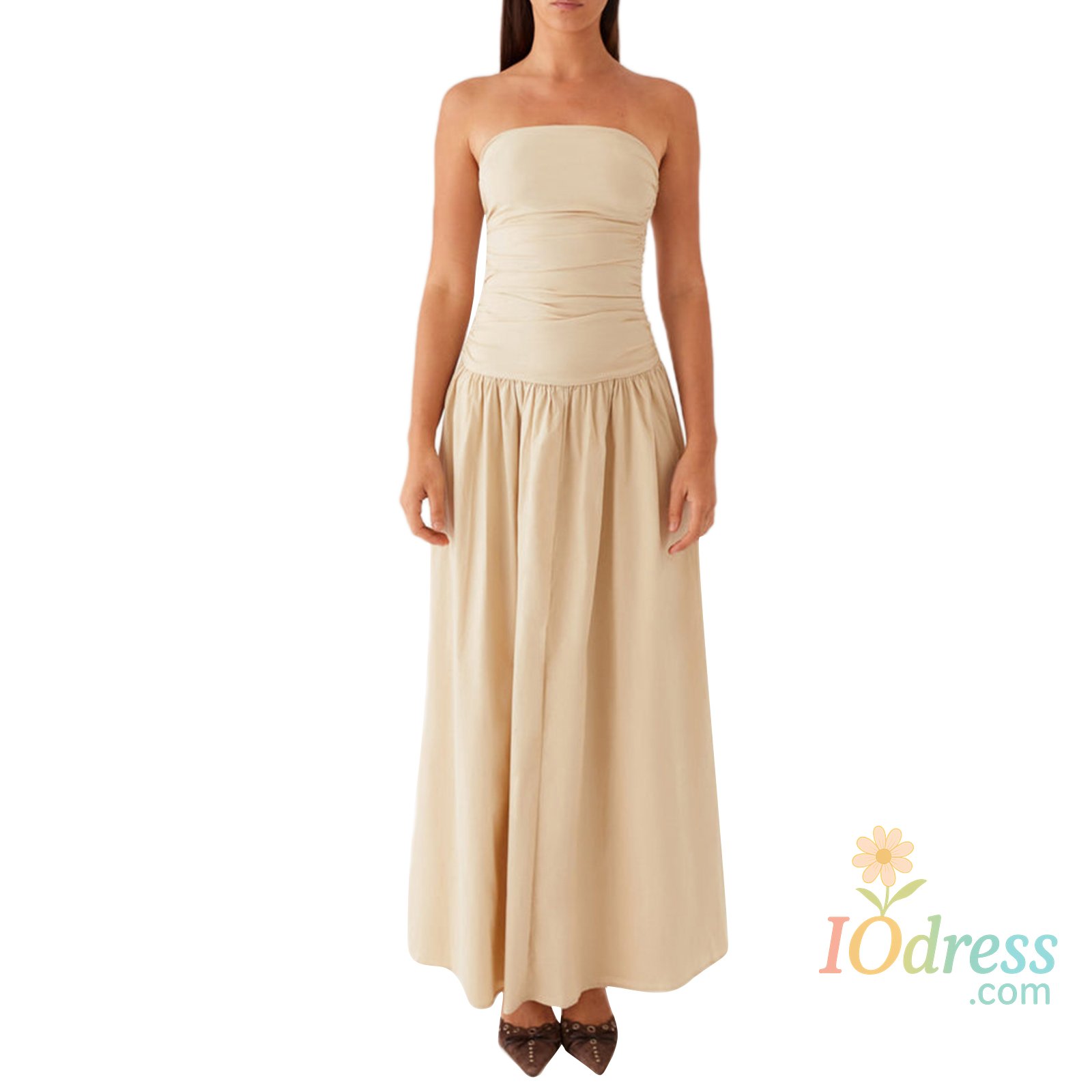 IO Dress Combhasaki Women Vintage Solid Color Ruched Strapless Low Waist Patchwork Backless Elegant Flowy Pleated A-Line Tube Long Dress