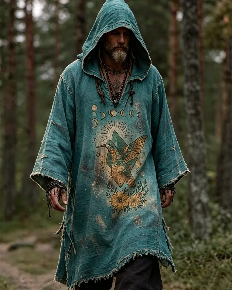 Men's Summer Fashion Hippie Star and Moon Embroidered Linen Hooded Kaftan 7873