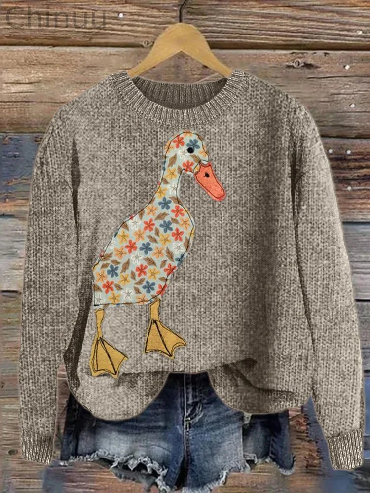 Lovely Duck Floral Fiber Art Cozy Knit Sweater