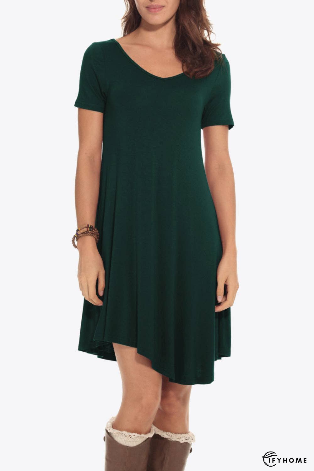 Short Sleeve V-Neck Knee-Length Dress | IFYHOME