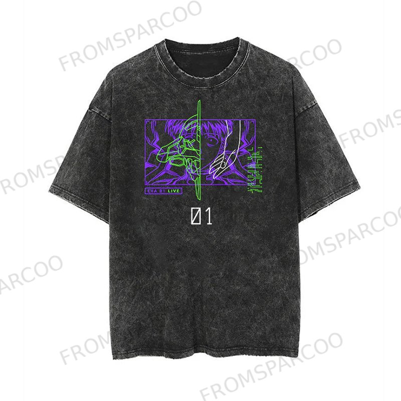 Casual Batik Washed Anime Print T-Shirt