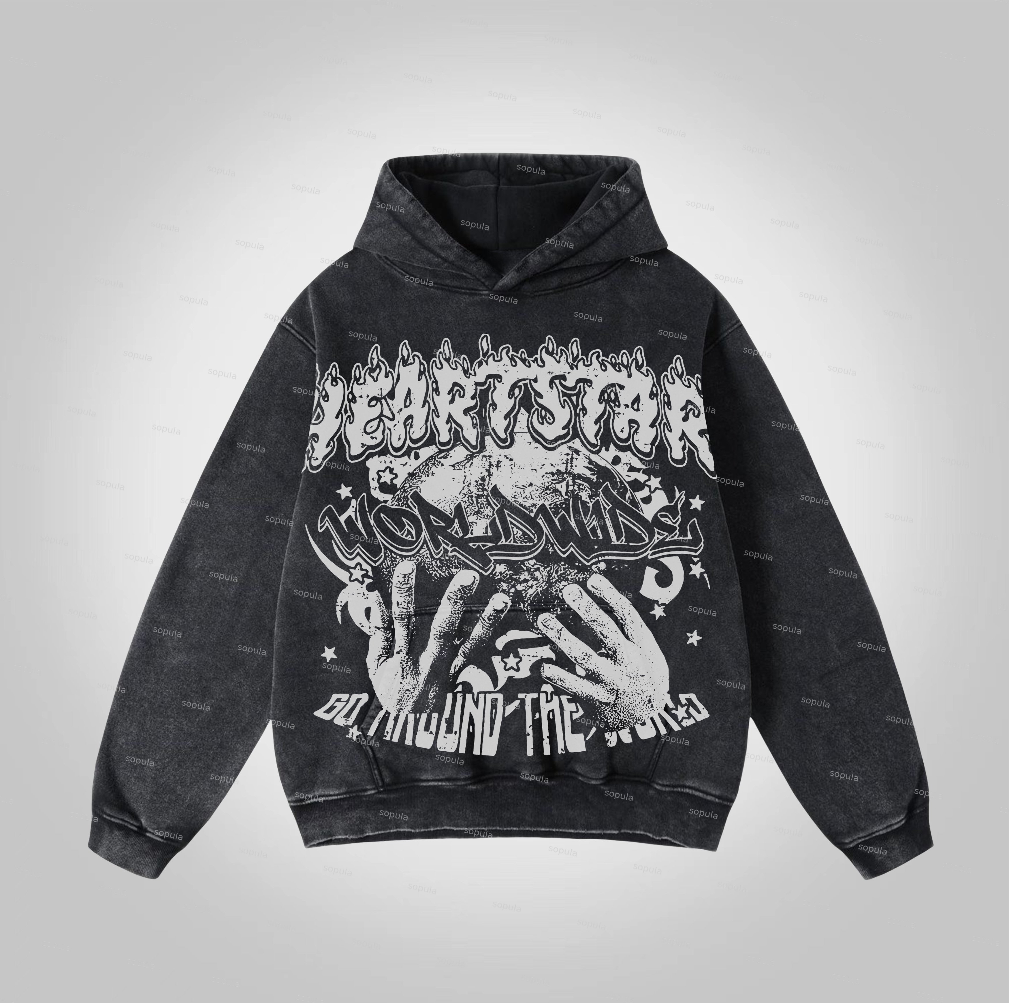 Vintage Heartstar Worldwide Graphic Acid Washed Oversized Hoodie - Sopula｜Premium Graphic Tees & Graphic Clothing