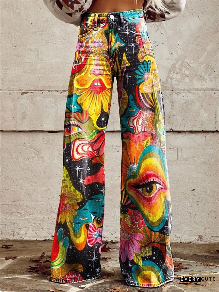 Women's New 3D Printed Flare Pants Imitation Denim Pants Jeans