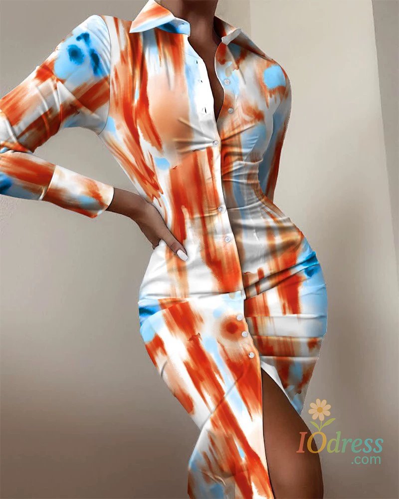 IO Dress Tie Dye Printed Lapel Long Sleeve Shirts Maxi Dress Women 2024 Autumn New Bandage Slim Party Club Lady Commuting Dresses Vestido IO Dress