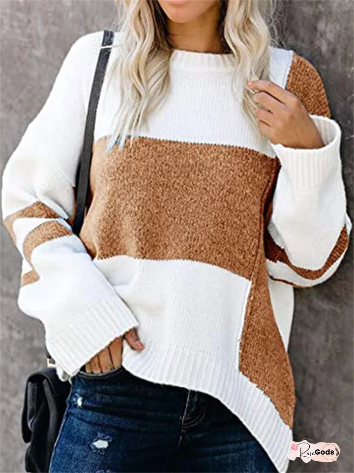 Striped Vintage Spliced Round Neck Pullover Knit Sweater