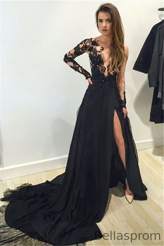 Bellasprom Black Prom Dress Appliques With Slit Long Sleeves Bellasprom