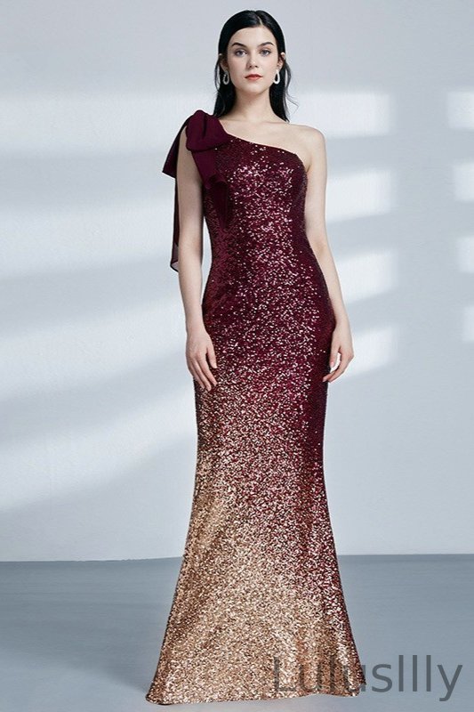 Glamorous Ombre Seuqins Prom Dresses Mermaid One Shoulder Evening Gowns - lulusllly