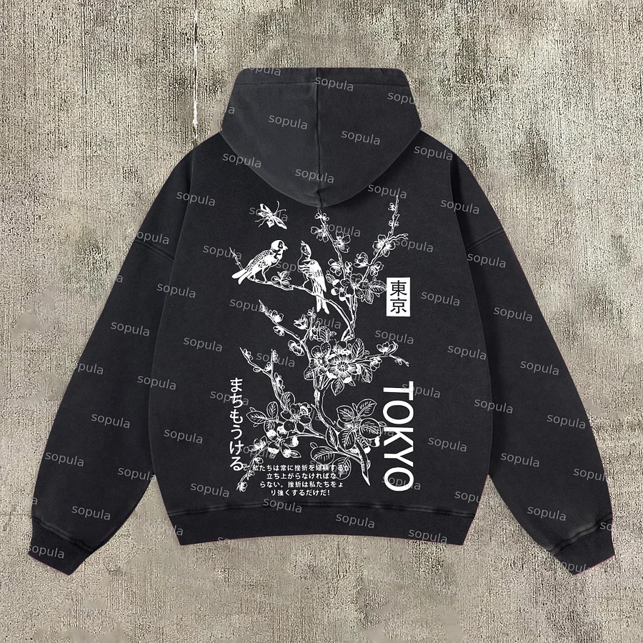 Vintage Tokyo Graphics Acid Washed Oversized Zip-up Hoodie