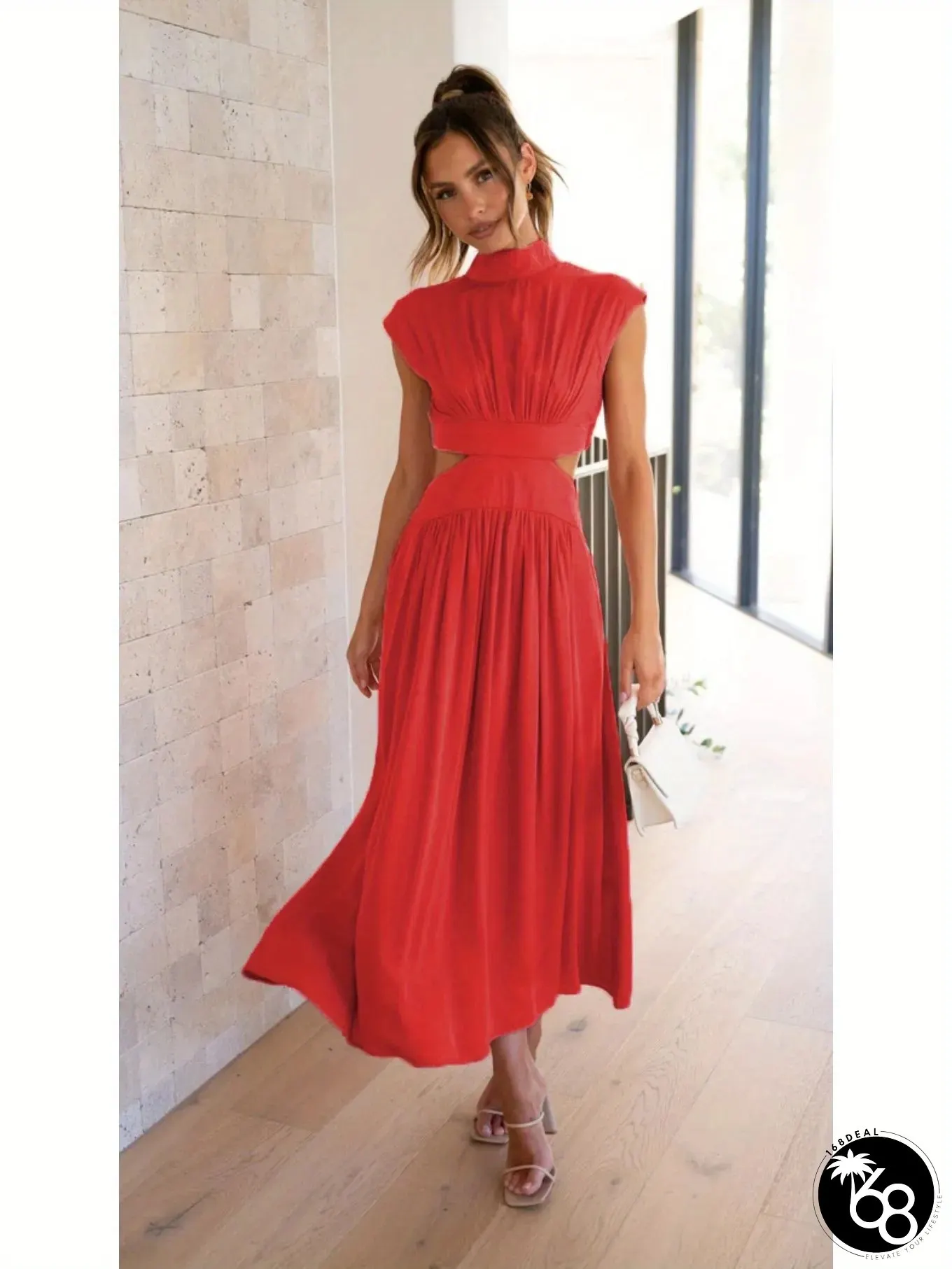 Elegant Sleeveless Square Neck A-line Long Dress With Exposed Waist Solid Color Mid-Length | 168DEAL