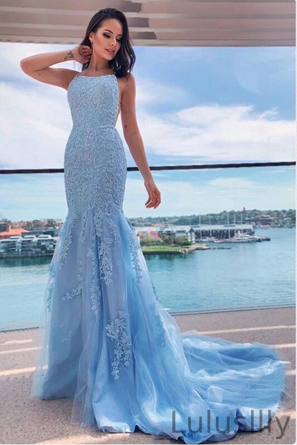 Sky Blue Elegant Halter Mermaid Prom Dress Lace Appliques Long Party Gowns - lulusllly