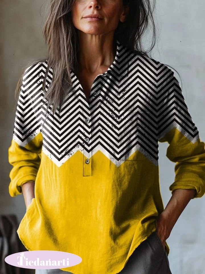 Geometric Zigzag Pattern Printed Women's Casual Cotton And Linen Shirt