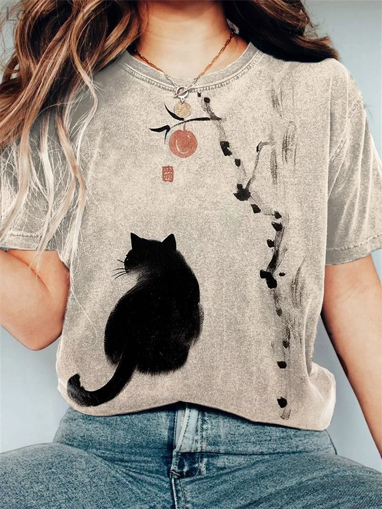 Vintage Japanese Cat Print Casual Cozy T-shirt