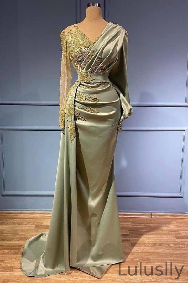 Luluslly Long Sleeves V-Neck Mermaid Evening Dress With Lace Appliques